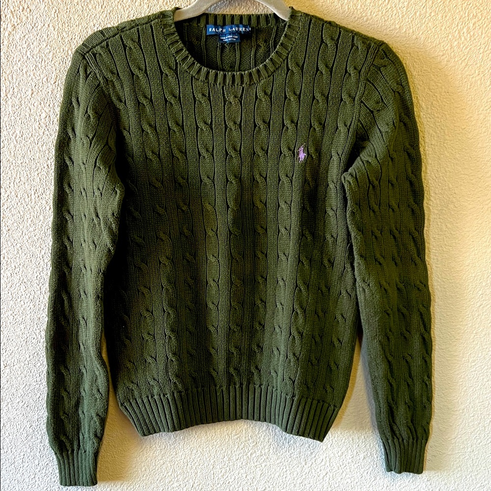 RALPH LAUREN women’s olive green 100% cotton crew neck sweater. Size M.